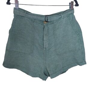 C&C California Size L Light Green Boho Linen-Blend Belted High-Waist Mini Shorts